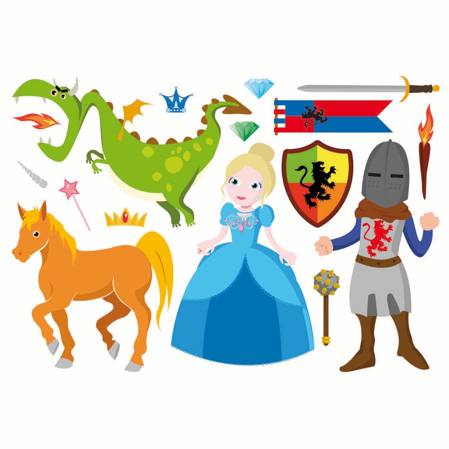 Dragon avec princesse et chevalier (*‿*), Stickers muraux pour bébé,  garçon et fille